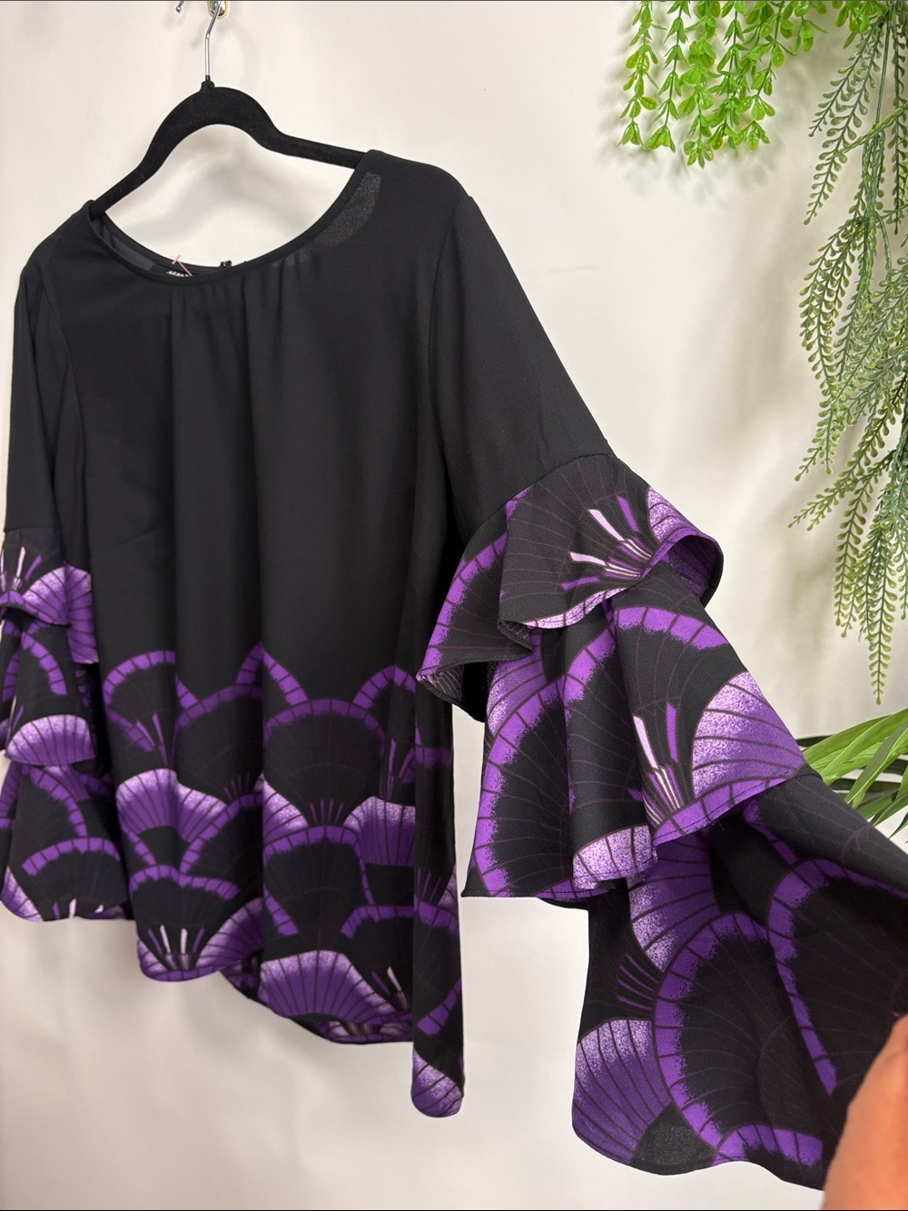 Alfani Black Top with Purple Fan-Print Ruffle Sleeves